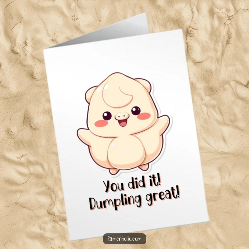 Funny Free Printable Congratulations Card showing a cheerful dumpling character in mid-bounce with a happy grin.