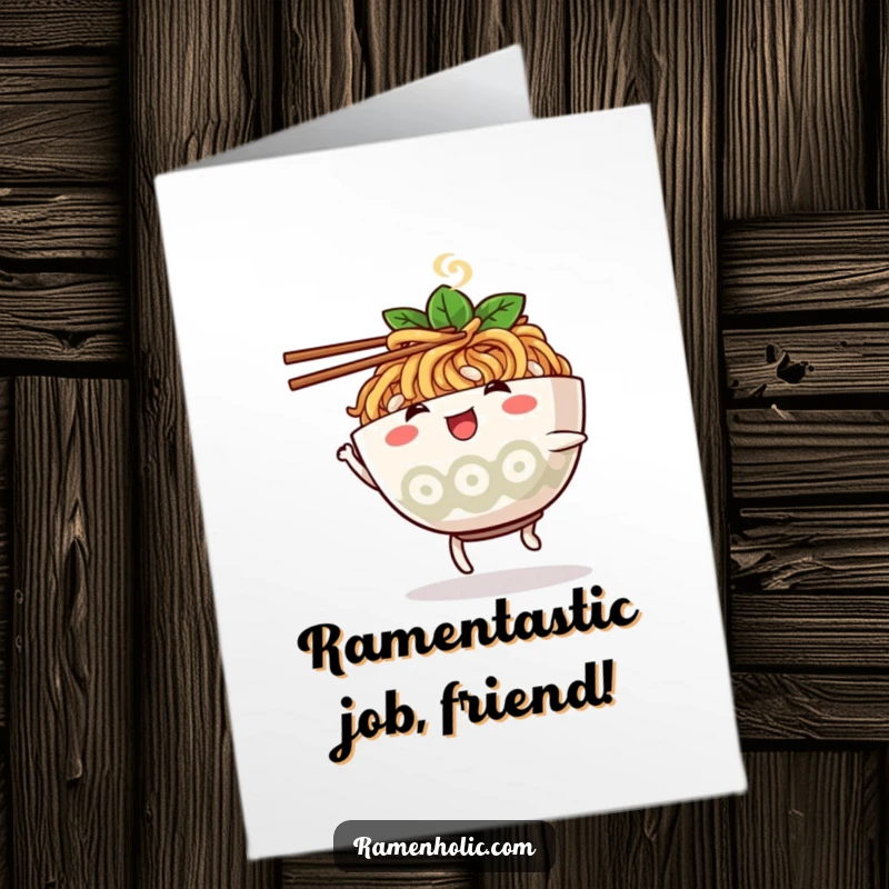 Funny Free Printable Congratulations Card: A happy ramen bowl character doing a lively dance with chopsticks, celebrating a win.