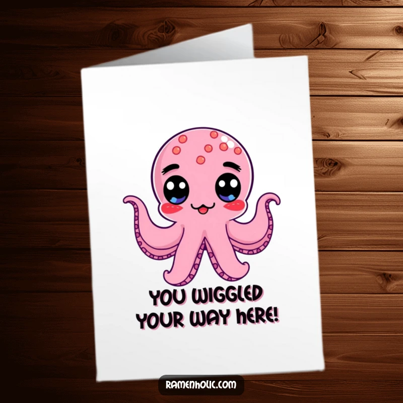 Free Printable Congratulations Card: A kawaii octopus wiener with googly eyes wobbling excitedly to congratulate someone on their big achievement.
