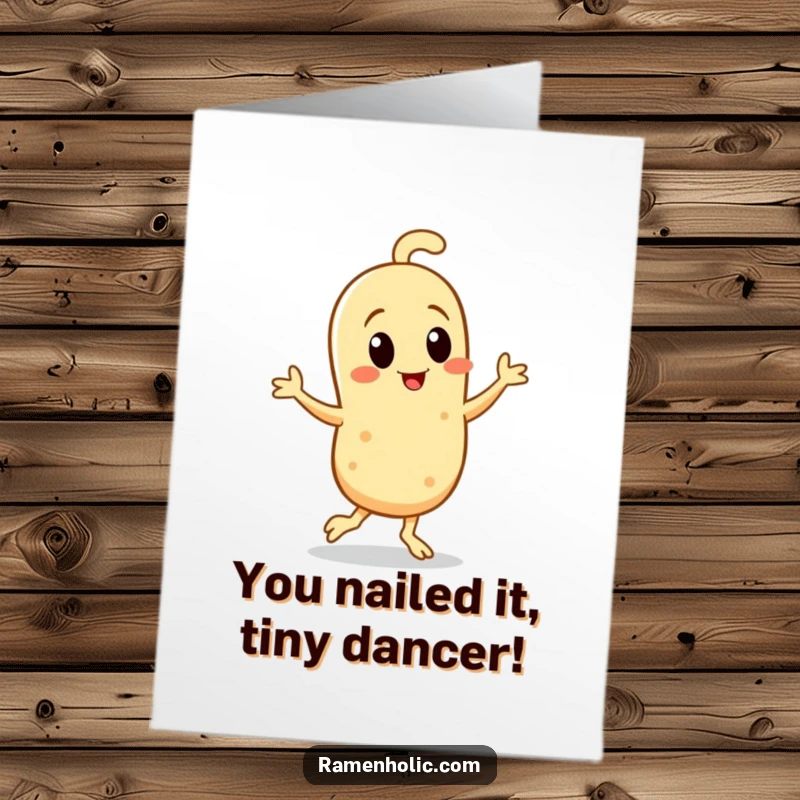 Free Printable Congratulations Card: A cute sesame seed character performing an energetic jig to celebrate a special occasion.