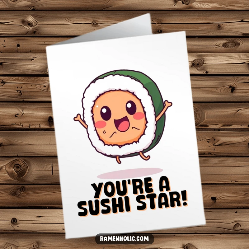 Funny Free Printable Congratulations Card: An excited sushi roll character captured in a happy mid-air jump.