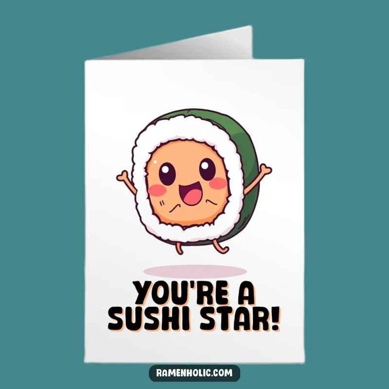 Free Printable Congrats Card: Jumping Sushi celebrates success, a funny downloadable gift