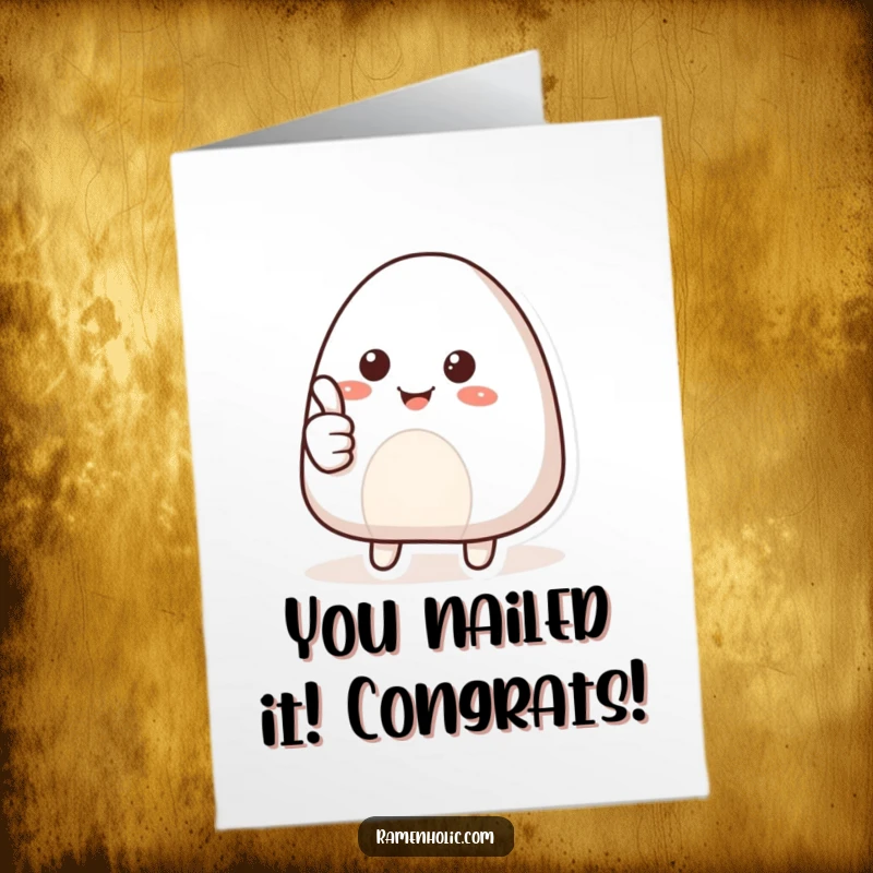Funny Free Printable Congratulations Card: Happy onigiri character giving a positive thumbs up gesture.