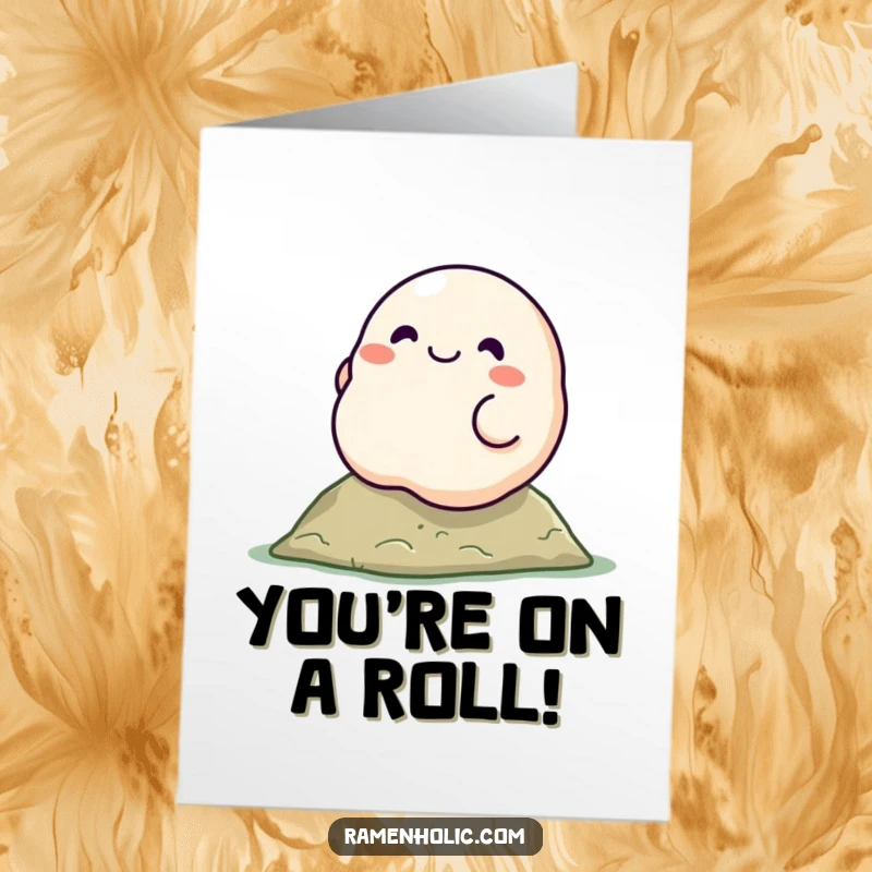 Funny Free Printable Congratulations Card: A smiling dumpling character rolling down a hill, symbolizing progress.