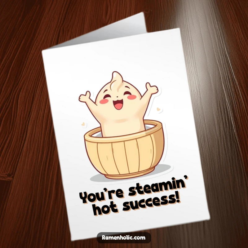 Funny Free Printable Congratulations Card: A joyful dumpling character joyfully leaps out of a steamer basket, cheering for success.