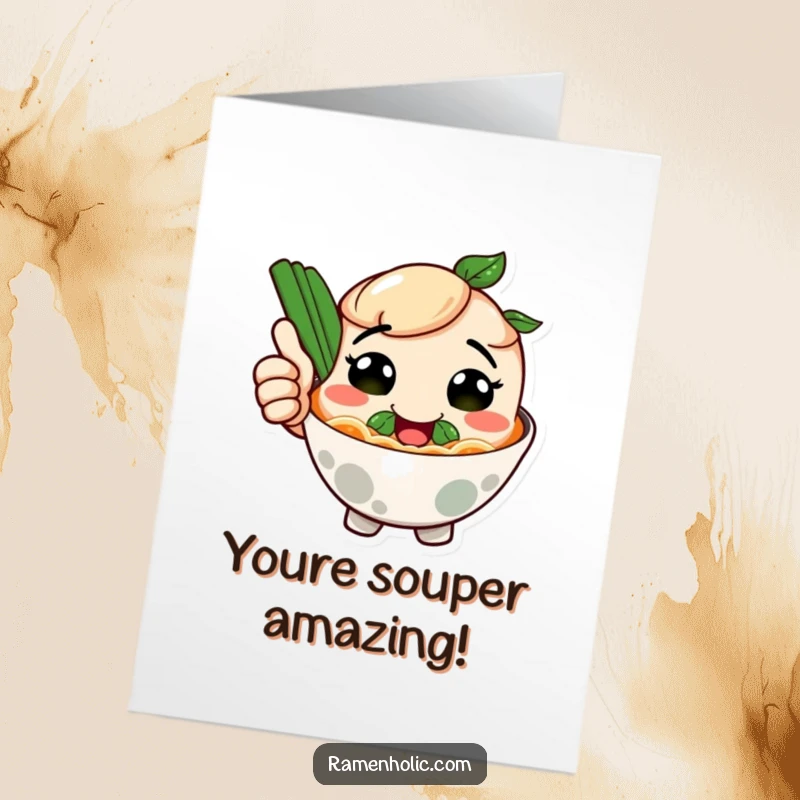 Funny Free Printable Congratulations Card: Smiling ramen bowl character giving a big thumbs up, a hilarious downloadable card. Celebrate their win.