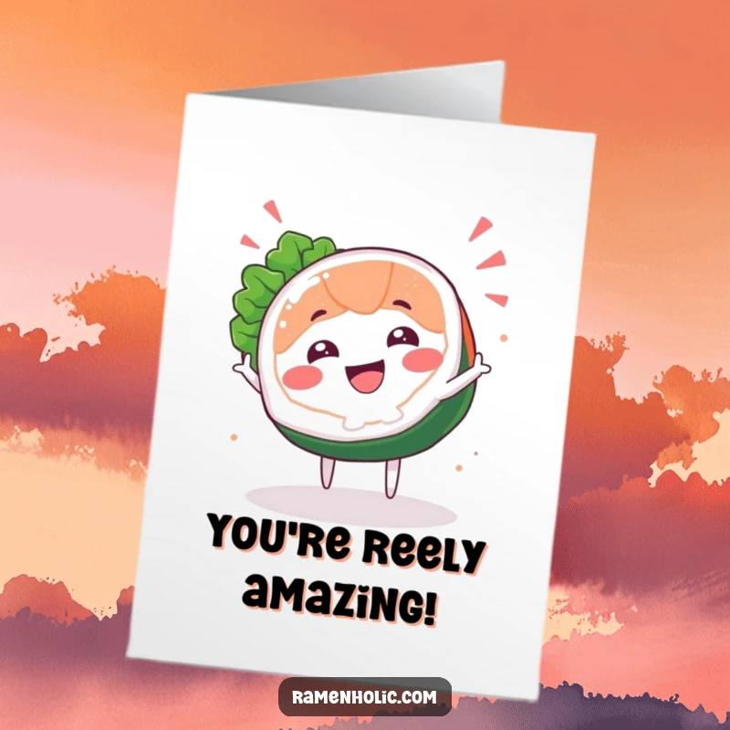 Funny Free Printable Sashimi Congratulations Card: Happy sushi slice character doing a celebratory spin for achievements.