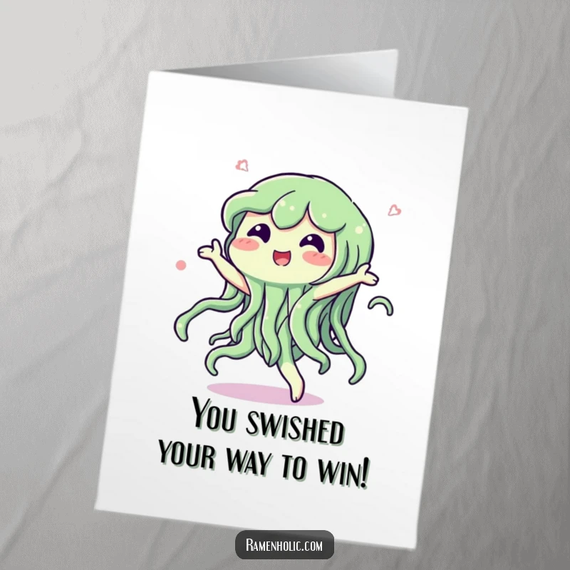 Funny Free Printable Congratulations Card featuring a seaweed character dancing with a happy swish, perfect for celebrating success.
