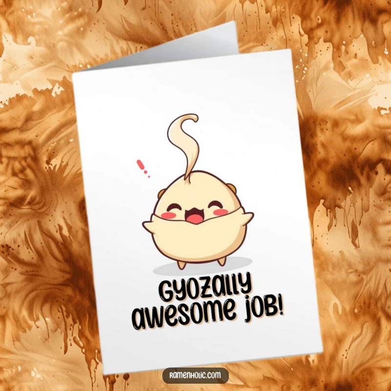 Funny Free Printable Congratulations Card: A surprised gyoza character with steam puffing out, reacting comically to great news.