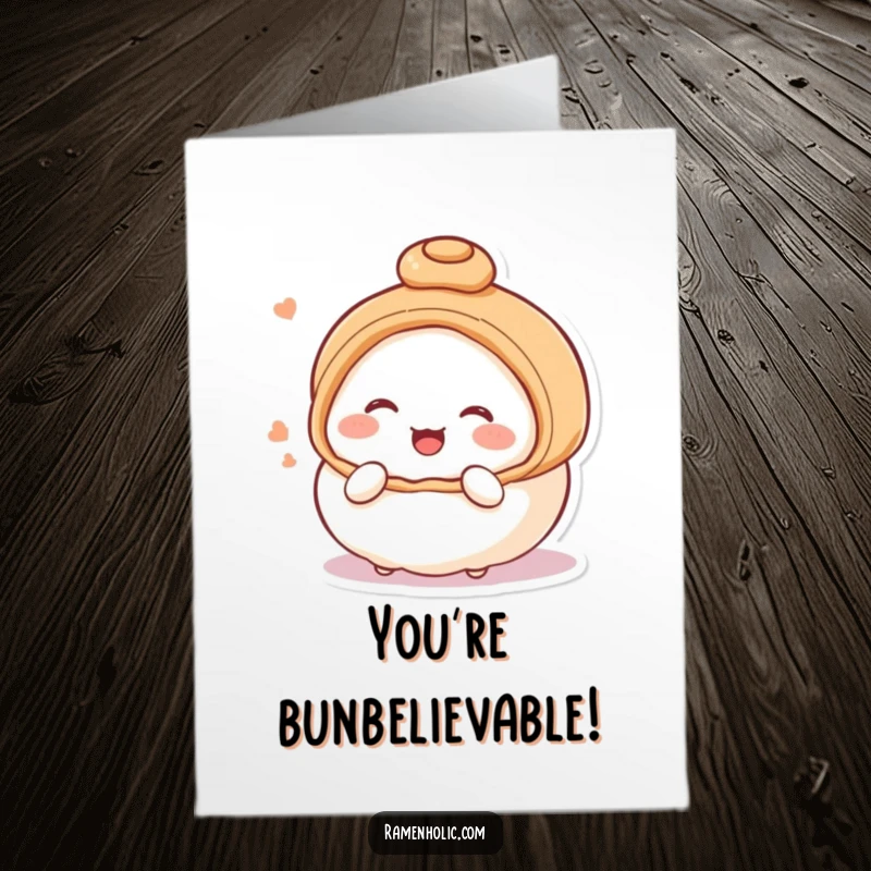 Funny Free Printable Congratulations Card: A shy steamed bun character blushing and giggling, expressing sweet congratulations.
