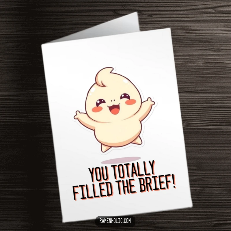 Funny Free Printable Congrats Card: A happy dumpling character leaps high in the air with pure, unadulterated joy.