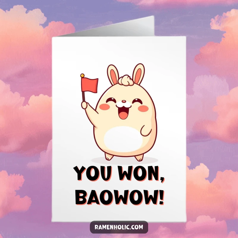 Funny Free Printable Congratulations Card: A happy bao bun character waving a small flag, celebrating a great accomplishment.