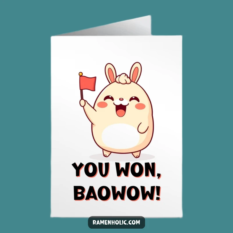 Free Printable Congrats Card: Waving Bao Bun celebrates success, a funny downloadable gift