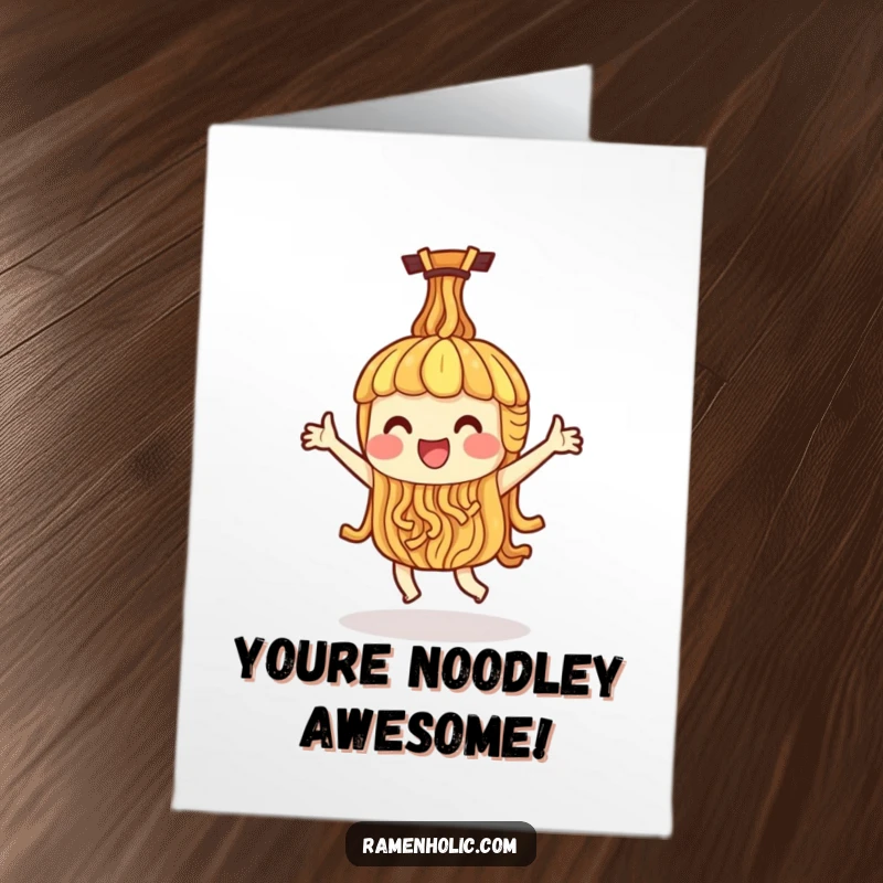 Funny Free Printable Congratulations Card: Ramen noodle character enthusiastically dancing, a hilarious downloadable card. Celebrate their achievement.