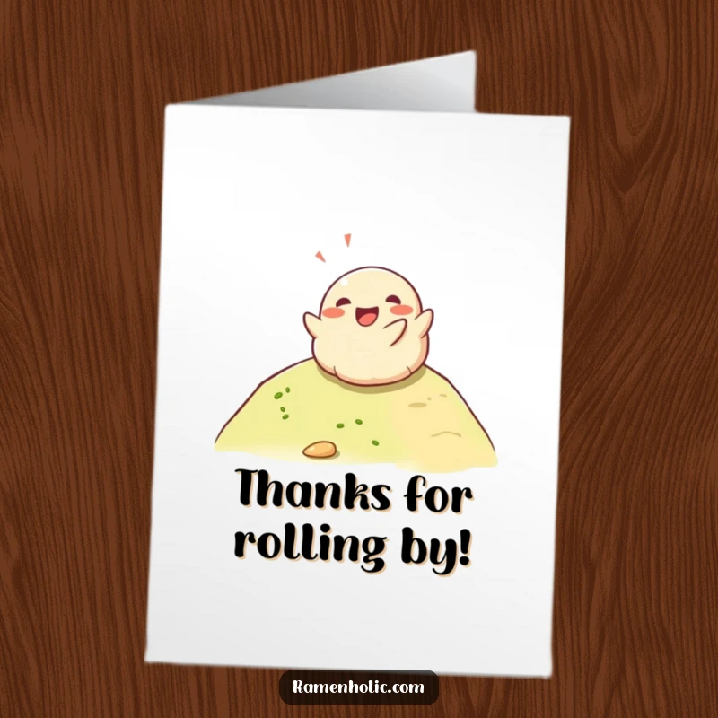 Funny Free Printable Thank You Card: A happy dumpling character rolling down a hill, conveying cheerful gratitude. Downloadable gift.
