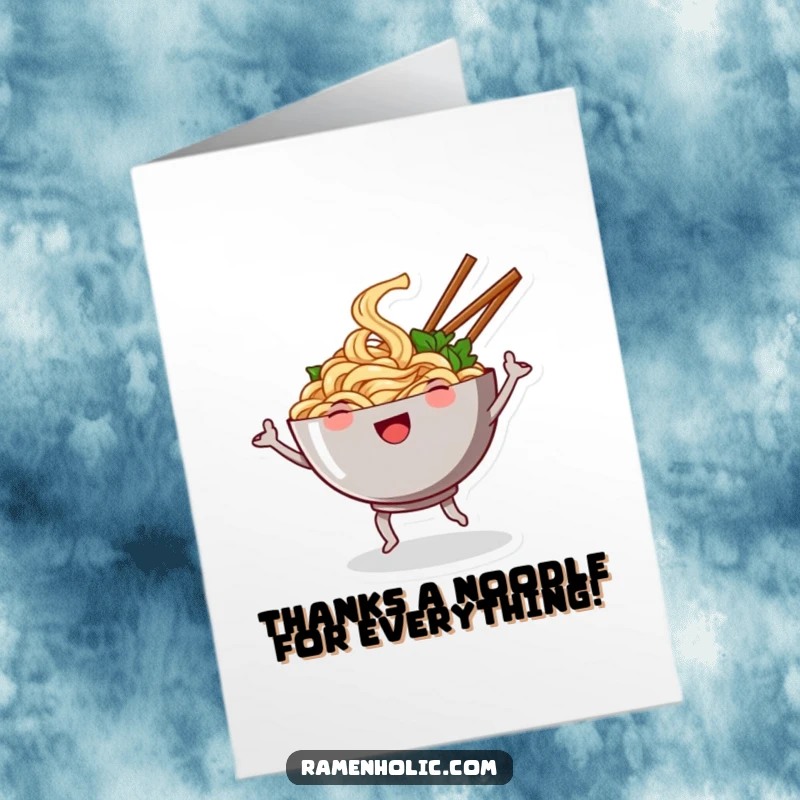 Funny Free Printable Noodle Thank You Card: Smiling noodle bowl dancing with chopsticks, expressing thanks.