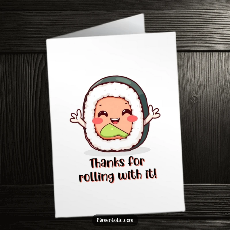 Funny Free Printable Thank You Card: A smiling sushi roll with tiny arms waving enthusiastically in gratitude.