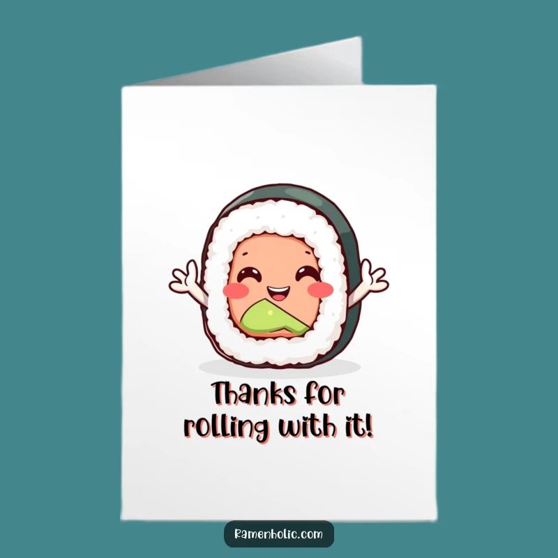 Free Printable Sushi Thank You Card: Waving Roll, Grateful Downloadable Humor!