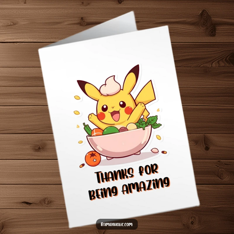 Funny Free Printable Thank You Card: An excited poke bowl with ingredients bouncing in appreciation.