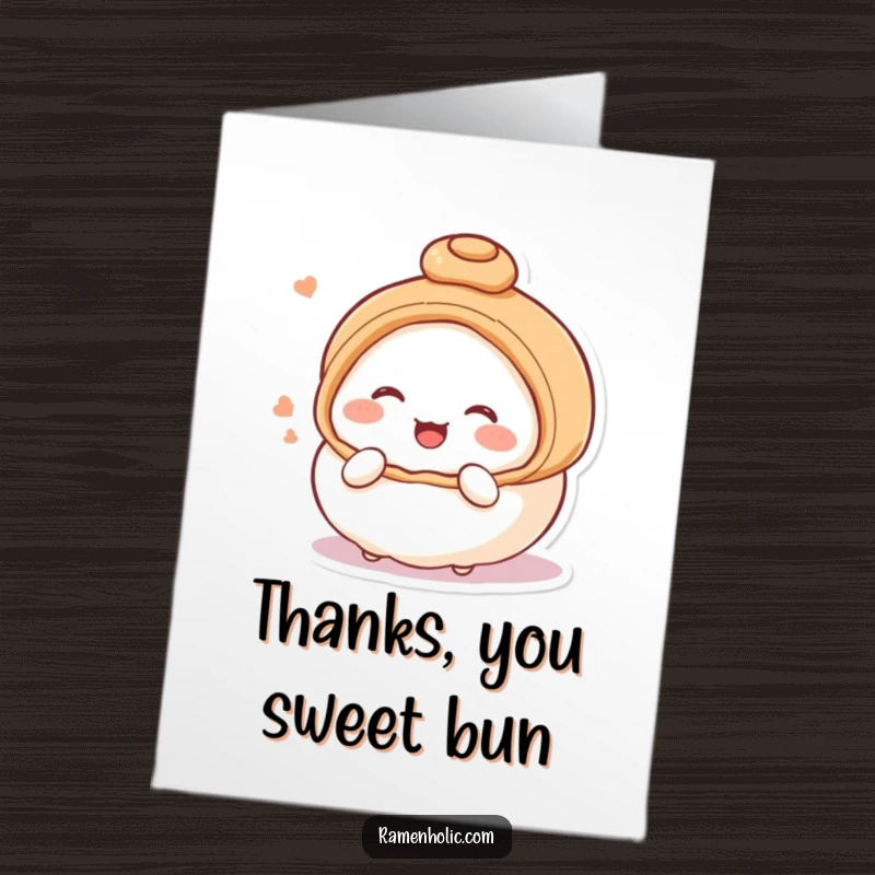 Funny Free Printable Thank You Card: A blushing steamed bun character giggling shyly, conveying thanks with sweetness.