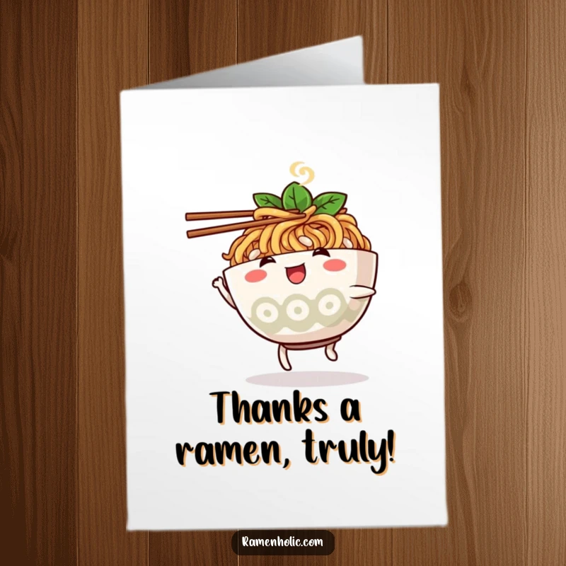 Funny Free Printable Thank You Card: A dancing ramen bowl character playfully grooving with chopsticks, conveying thanks.