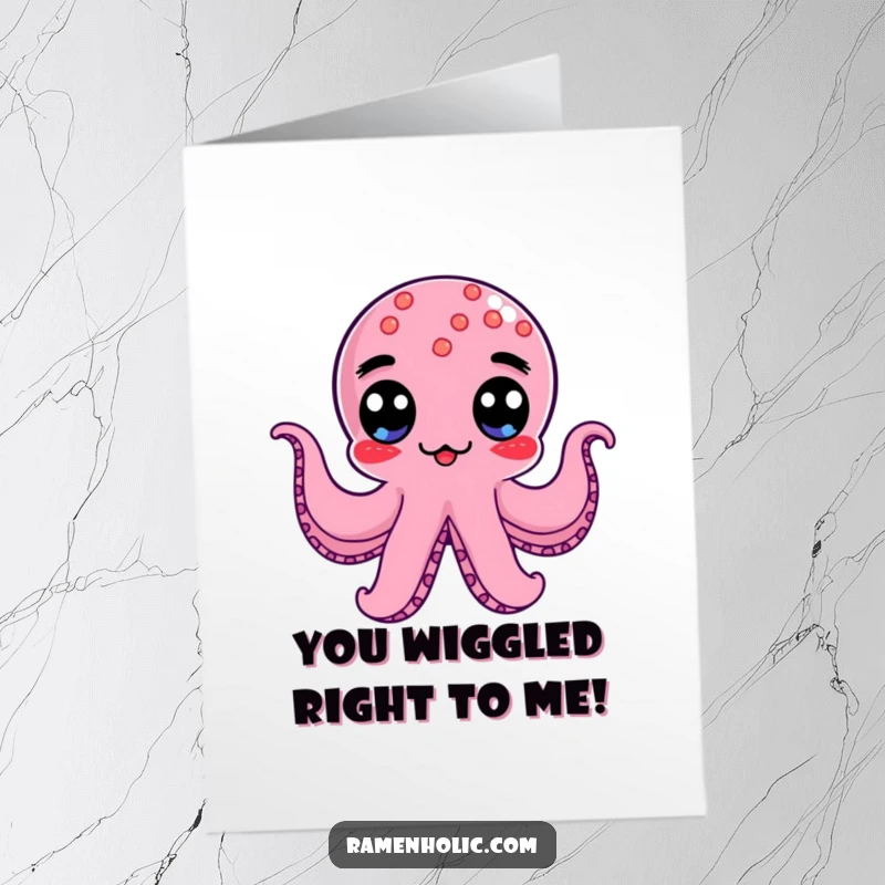 Funny Free Printable Thank You Card: A kawaii octopus wiener with googly eyes doing a cheerful wobble to say thank you.