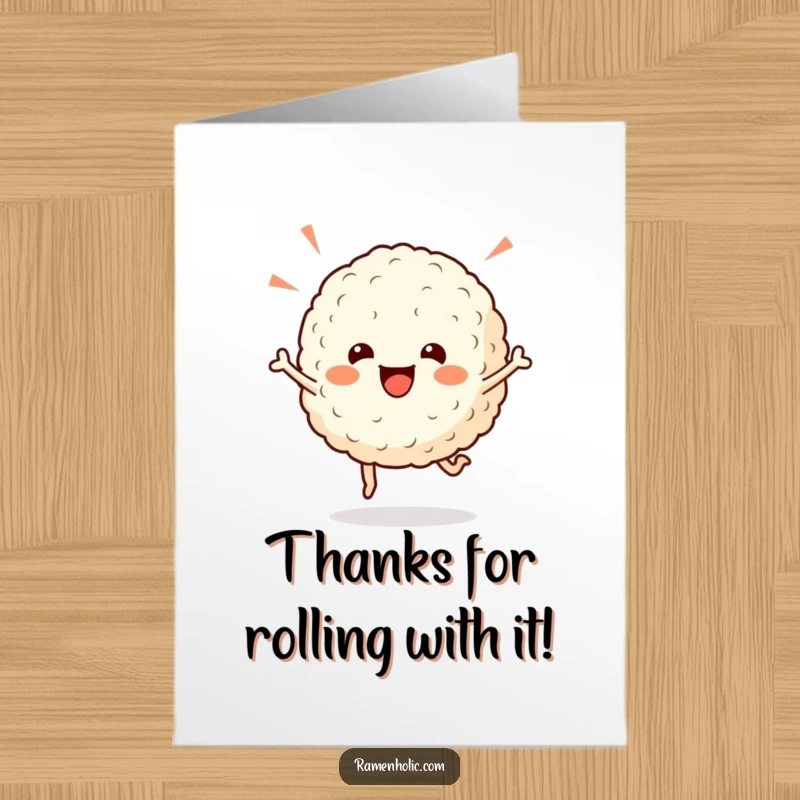 Funny Free Printable Thank You Card of a cheerful rice ball character hopping happily.