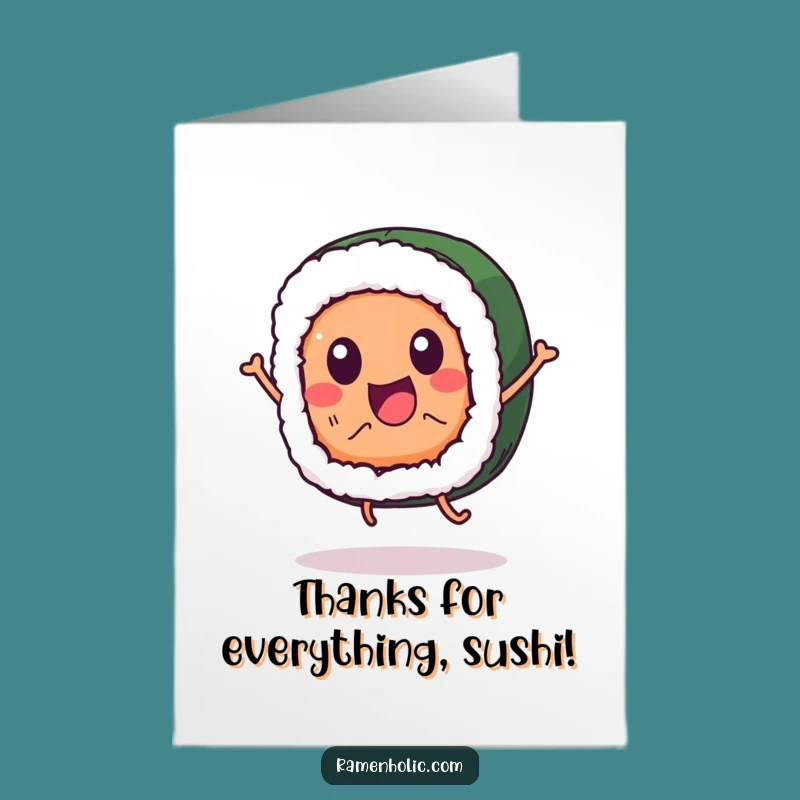 Free Printable Thank You Card: Jumping Sushi expressing thanks, a funny downloadable gift