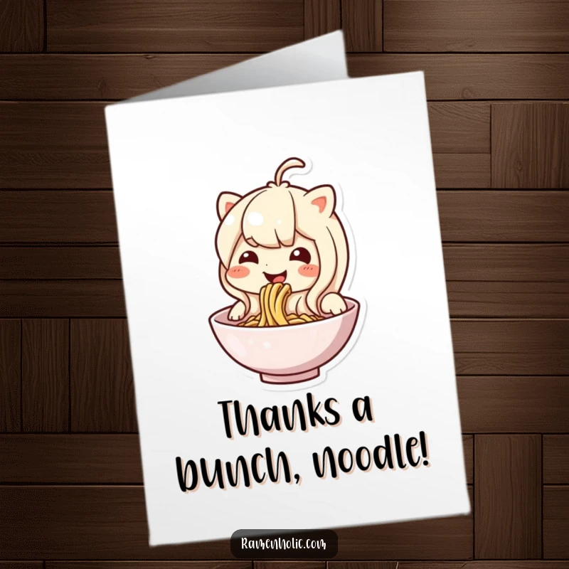 Funny Free Printable Thank You Card: A thankful noodle character slurping happily, showing appreciation with a smile.