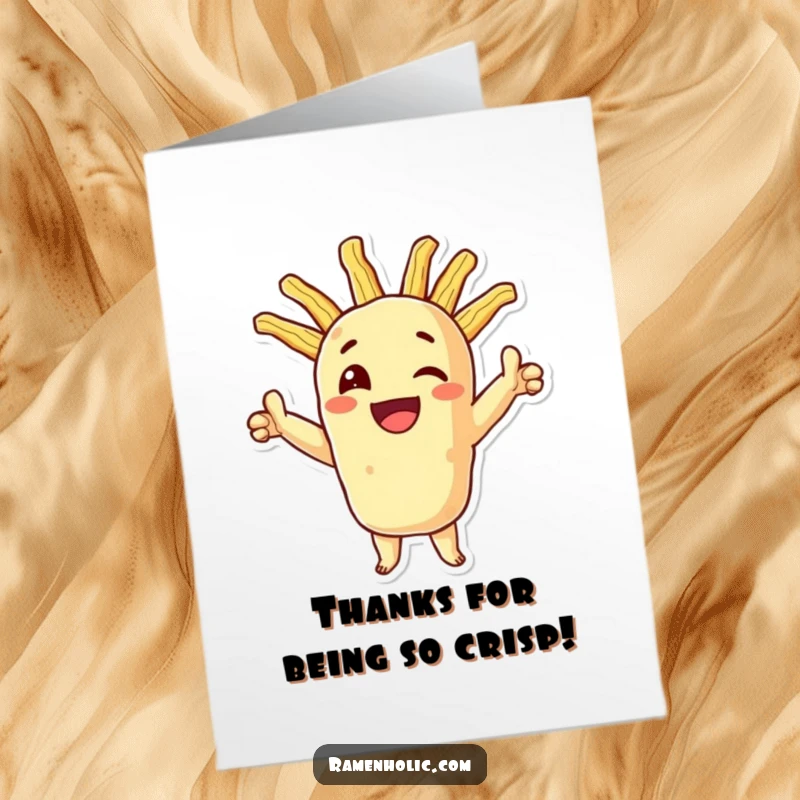 Funny Free Printable Thank You Card featuring a smiling tempura character in a triumphant pose.