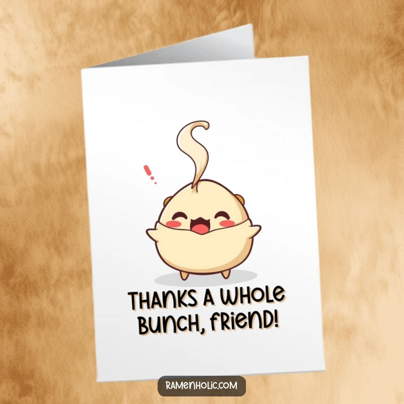Funny Free Printable Thank You Card: A surprised gyoza character, steam puffing out, conveying thanks with a comical expression.