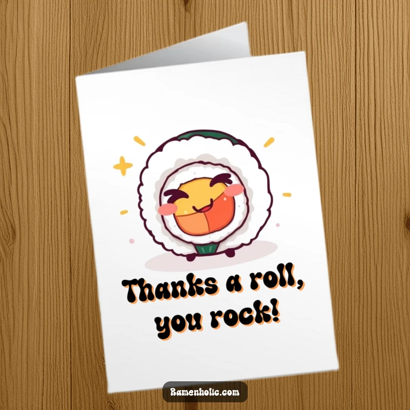 Funny Free Printable Thank You Card: Cheeky sushi roll character winking, a delightful downloadable message to express gratitude.