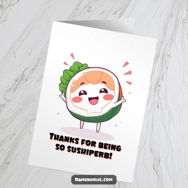 Funny Free Printable Sashimi Thank You Card: Happy sushi slice character doing a celebratory spin to say thanks.