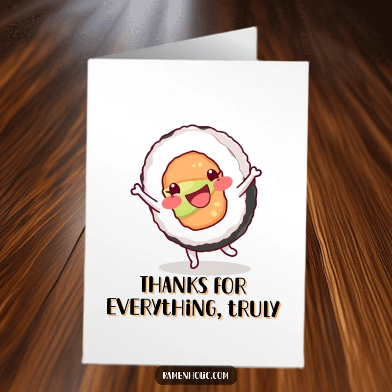Funny Free Printable Thank You Card: A happy sushi roll character is captured mid-cartwheel, expressing gratitude.