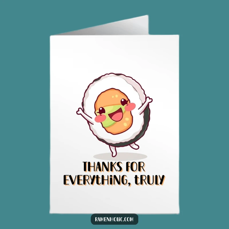 Free Printable Thank You Card: Happy Sushi Cartwheel Thanks Funny Downloadable Gift