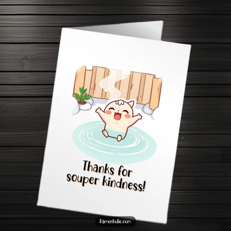 Funny free printable thank you card of a kawaii miso soup character joyfully leaping into a soothing hot spring.