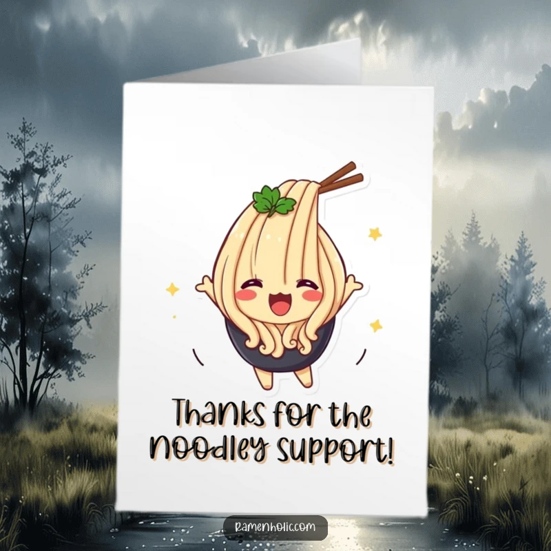 Funny Free Printable Udon Noodle Thank You Card: Delighted udon noodle character doing a happy flip to say thanks.