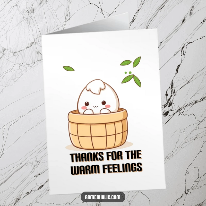 Funny Free Printable Thank You Card: Shy Mochi peeking from steaming bamboo steamer, expressing gratitude.