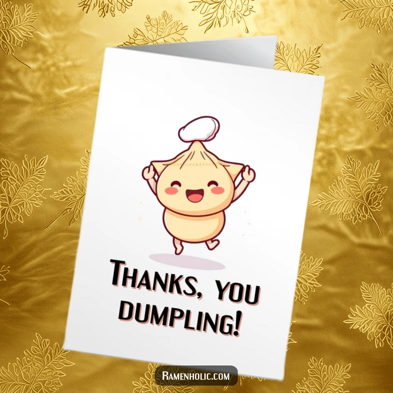 Funny Free Printable Thank You Card: A cute chopstick character playfully tapping a happy dumpling, sending thanks.