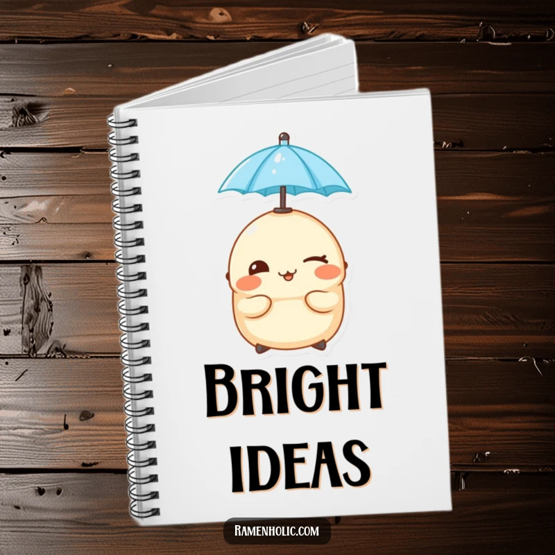 Funny cheeky dumpling winking while balancing a tiny umbrella on its head, on a lined notebook.