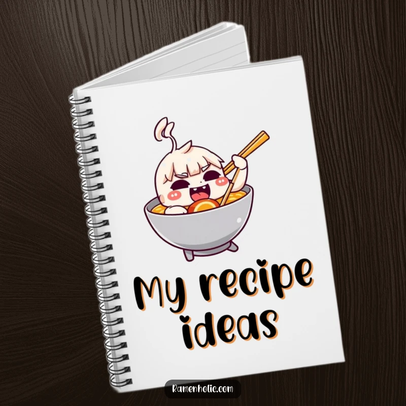 Funny notebook cover with a mischievous chopstick playfully nudging a bowl of ramen.