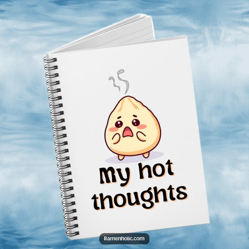 Funny gyoza notebook, a surprised character with steam puffing out, perfect for jotting down shocking thoughts and ideas.