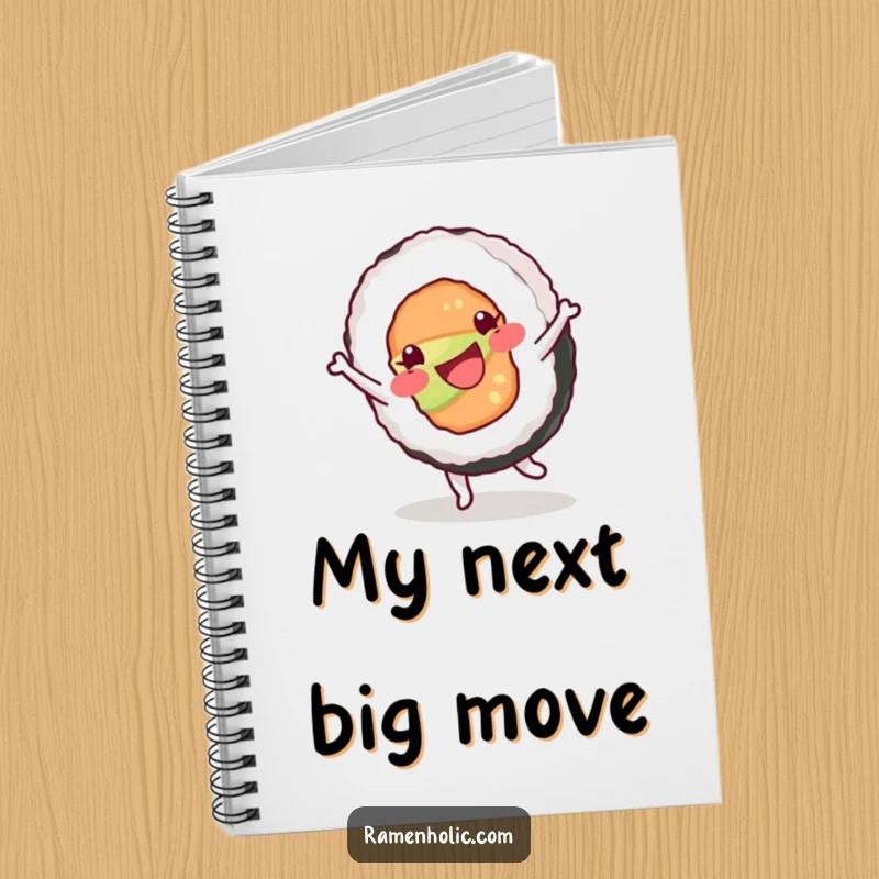 Funny notebook cover with a happy sushi roll character doing a cartwheel, perfect for jotting down ideas and notes.