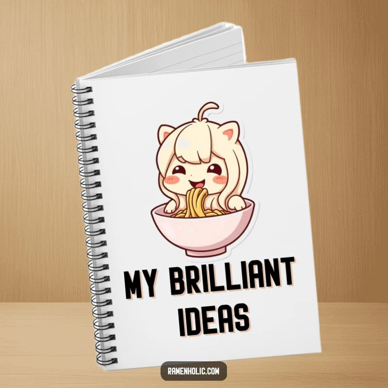 Funny noodle character notebook, shown happily slurping, perfect for capturing notes with a touch of humor.