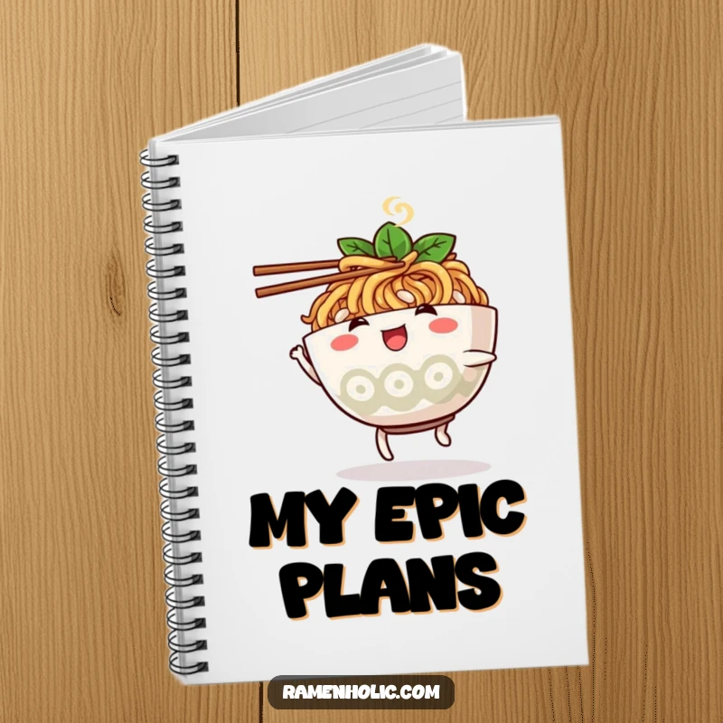 Funny ramen bowl character notebook, dancing with chopsticks, ideal for capturing notes with a humorous touch.