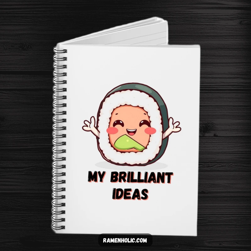 Funny sushi roll notebook with tiny arms waving enthusiastically, ideal for capturing notes and creative thoughts.