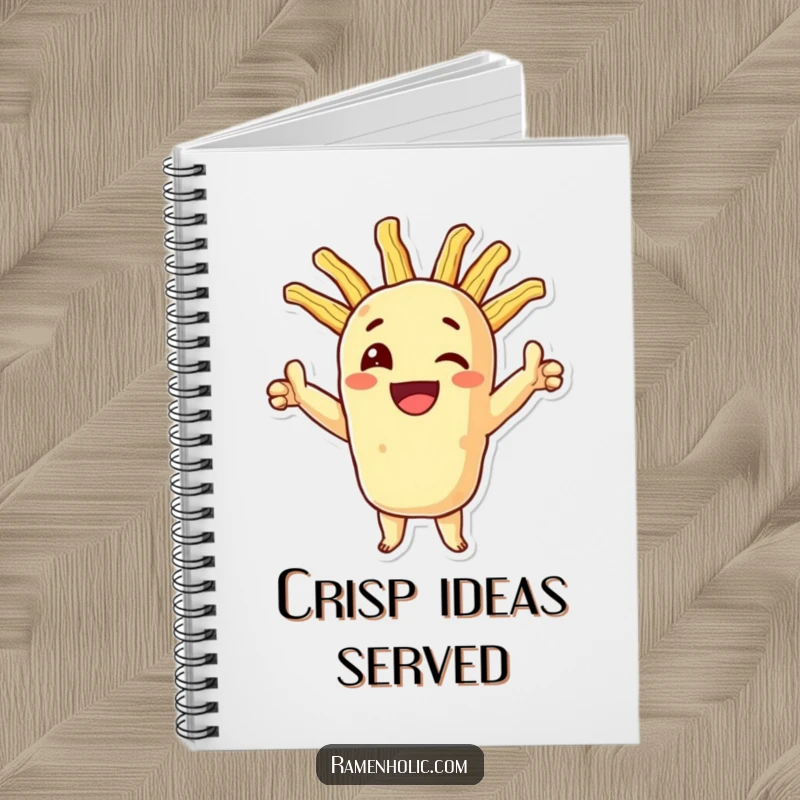 Funny tempura notebook, a smiling character in a triumphant pose with crispy extensions, perfect for jotting down recipes and ideas.