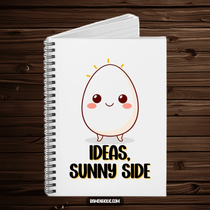 Funny notebook with a cheerful egg character and a sunny side up smile, ideal for jotting down notes and bright ideas.