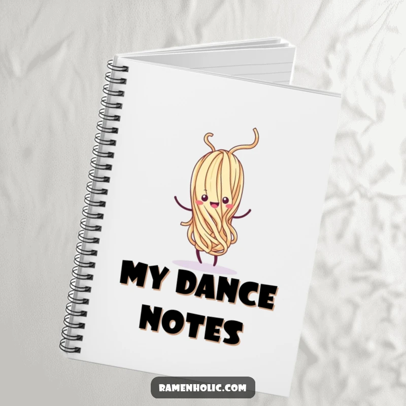 Funny Kawaii noodle strand dancing whimsically, with a happy swirl, open pages for writing, a playful and organized feel, excellent funny gift.
