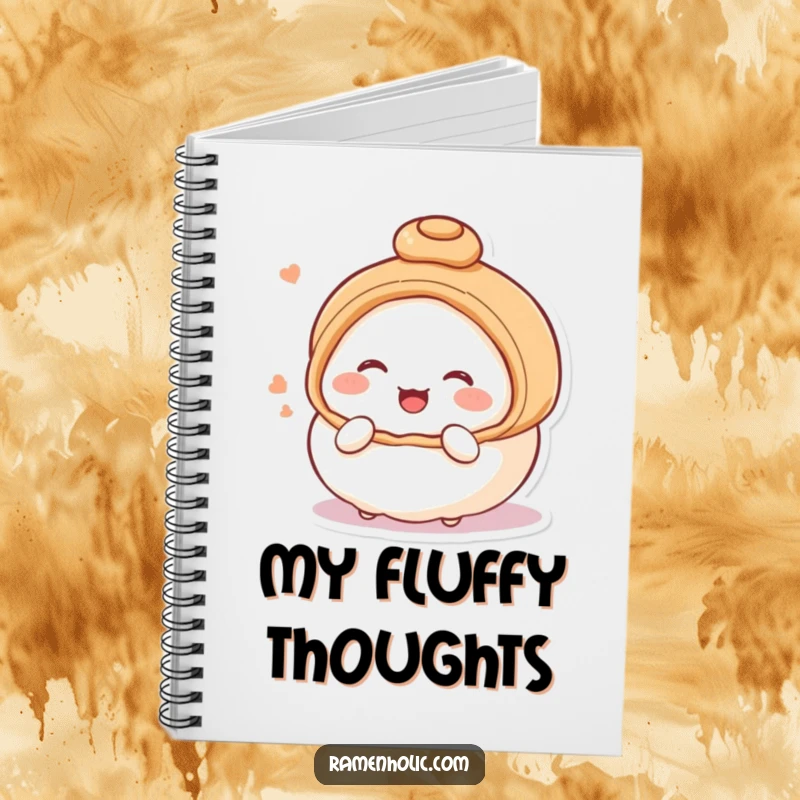 Funny notebook depicting a blushing, giggling steamed bun character, perfect for jotting down notes with a smile.